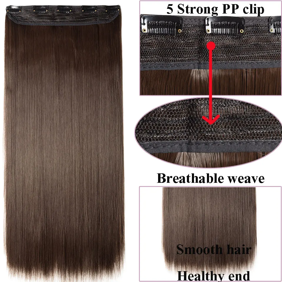 SNOILITE 23-26inch Long Straight Women Clip in one piece Hair Extensions synthetic Black Brown clip ins fake hair piece