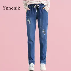 Ynncnnik колледж стиль милые вышивка брюк для женщин эластичный пояс Drawstring джинсы для корейский демисезонный джинсовые штаны S1366