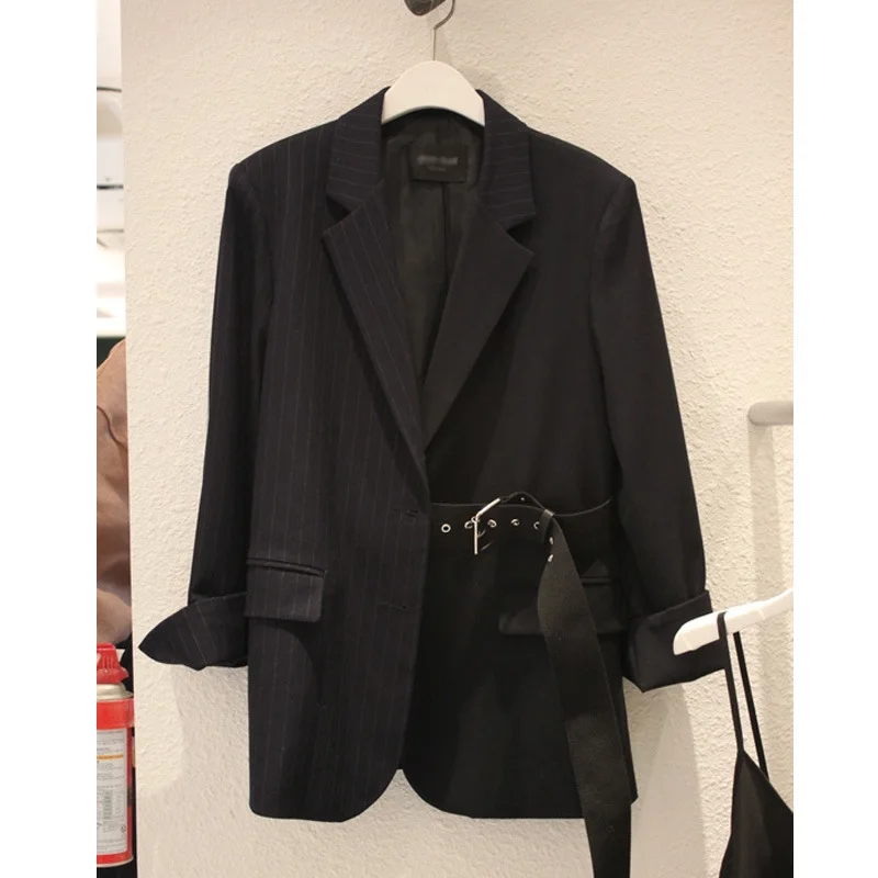 Suit Women Coat Version 2019 Spring New Black Suit Leisure Stripe Splicing Fashion Long-term Trend Women Jackets and Coats