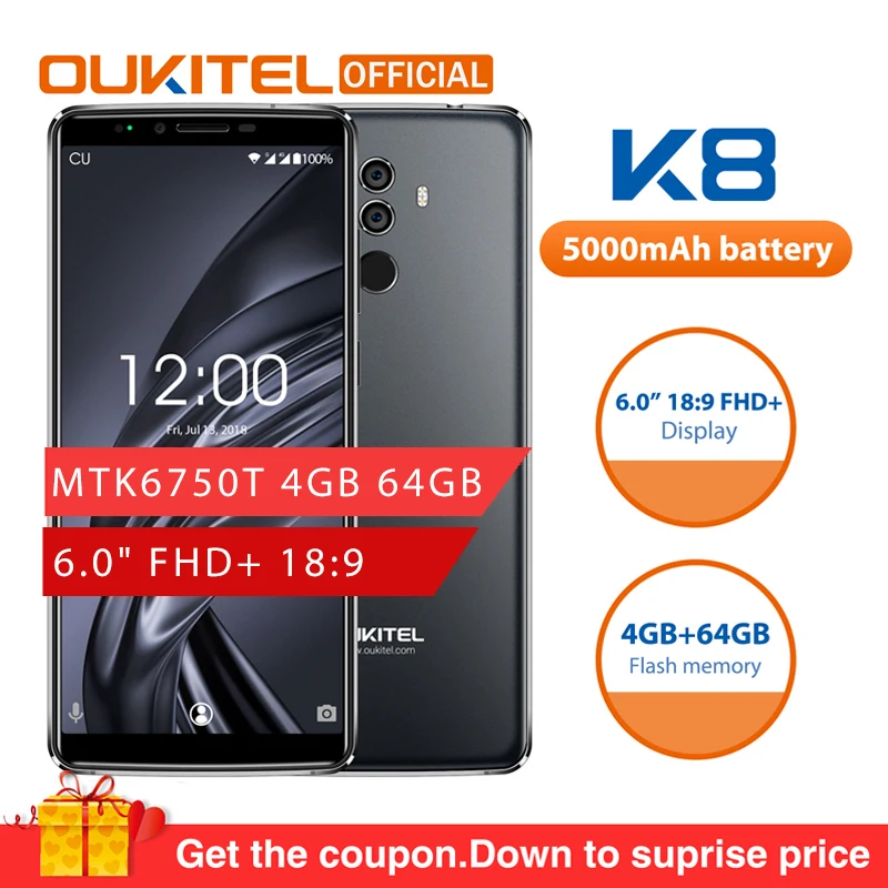 

OUKITEL K8 Android 8.0 6.0" FHD+ 18:9 MTK6750T Octa Core 4G RAM 64G ROM 5000mAh 13.0MP+2.0MP Fingerprint Face ID Smartphone