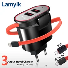 Lamyik 5V 3.4A 2 Ports USB Charger with Built-in Cable EU US Fast Charging Wall Charger For iPhone Samsung Xiaomi Carregador USB