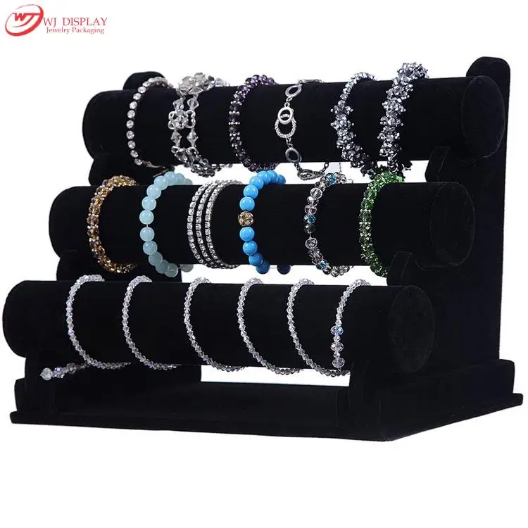 Portable Black Velvet Bracelet Display Rack 3 Layers T Bar Bangle