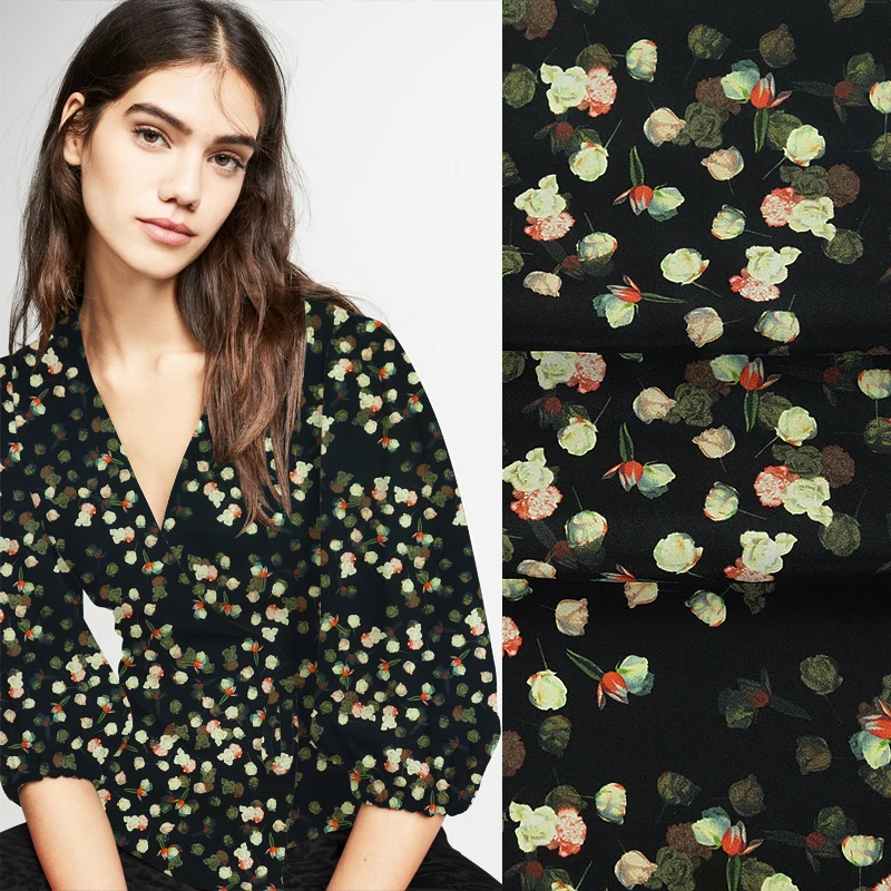 

108CM 28MM Yellow Floral Print Stretch Black Heavy Silk Crepe Fabric for Spring Summer Dress Blouse Skirt Shirt Pants JH086
