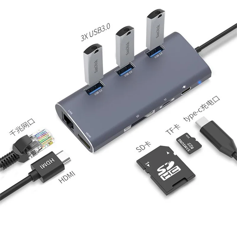

Basix USB C HUB HDMI 4K RJ45 LAN USB 3.0 SD/TF Card Reader Adapter With Type C hub PD Charging Port For Laptop Macbook Pro