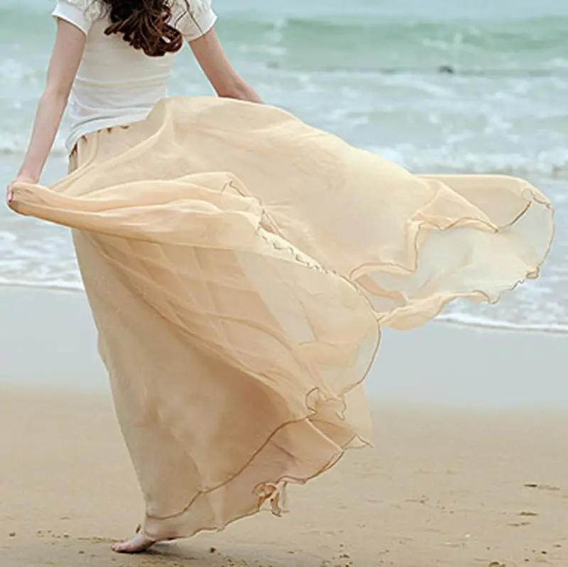 Бренд, женское Бохо Двухслойное макси платье, шифон, длинный сарафан, летняя женская пляжная шифоновая Однотонная юбка