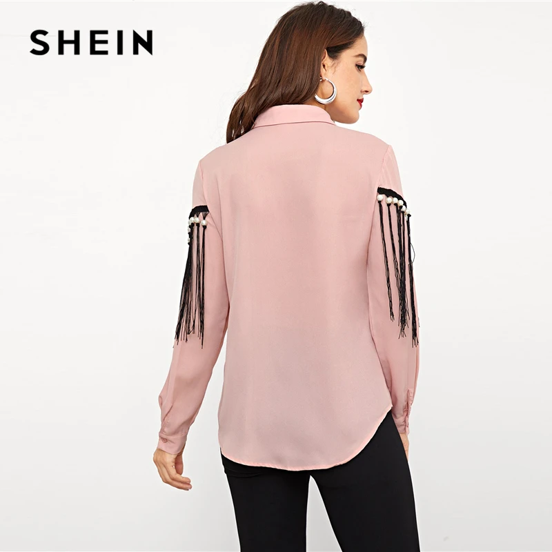 SHEIN Pink Contrast Fringe Embellished Curved Hem Blouse Elegant Pearls Button Beaded Blouses Women Autumn Workwear Shirt Tops