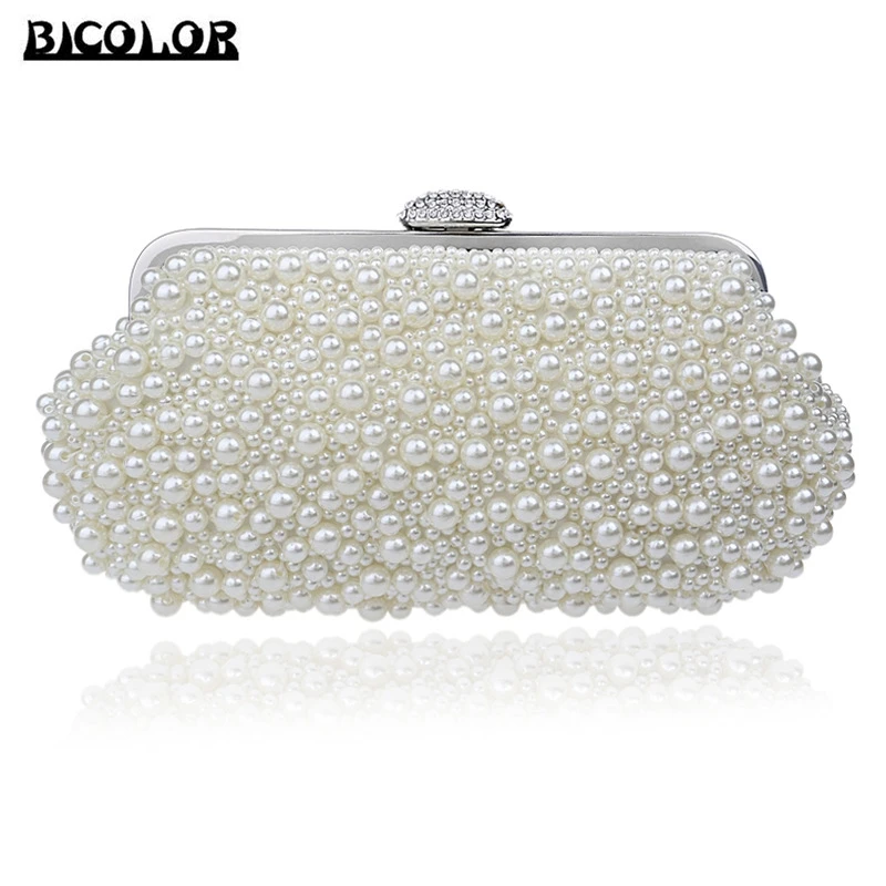 BICOLOR Luxury Two Sided Crystal Pearl White Evening Clutch Bag Womens