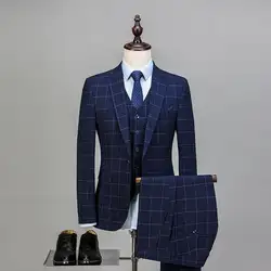 3 предмета пользовательские абсолютно Для Мужчин's Костюмы синий плед Стиль мода Slim Fit Пиджаки для женщин Высокое качество; для свадьбы Пром