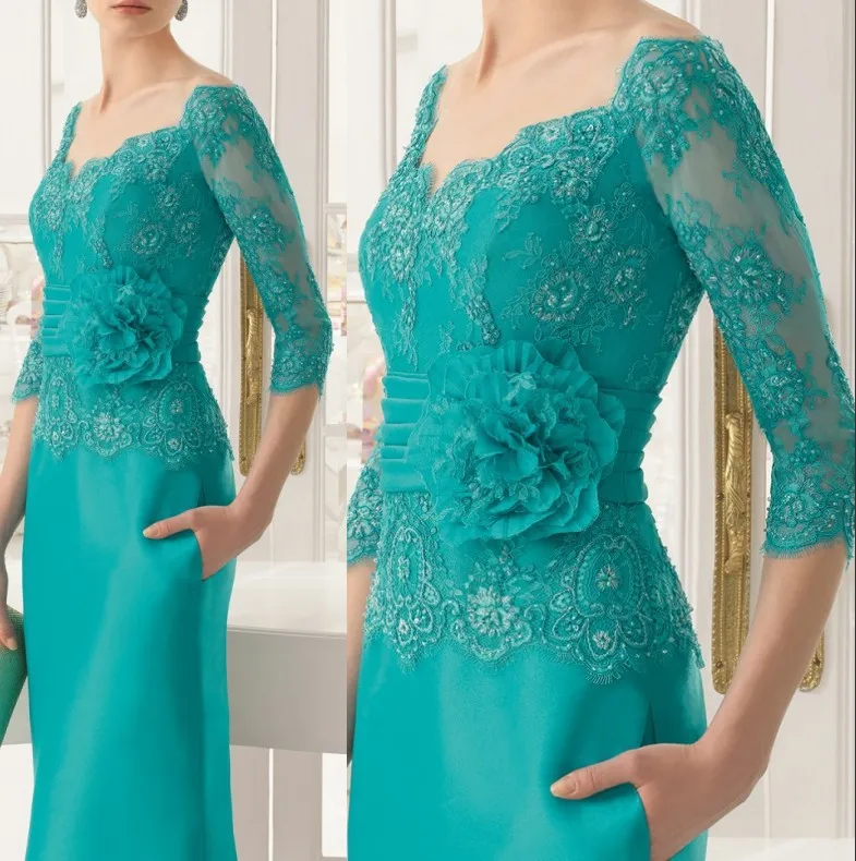 Новая мода три четверти рукава зеленое вечернее платье Длинные мать невесты кружевные платья Новая мода кафтан