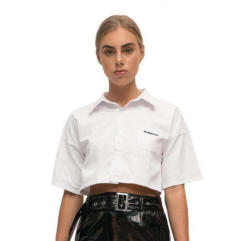 

2019 New Spring Summer Letter Print Turn Down Collar Crop Top Tee Women Short Sleeve Single Breasted Navel Bare White T Shirt