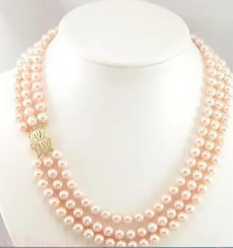 

gorgeous 3 rows 7-8 mm round pink pearl necklace 18"-20"