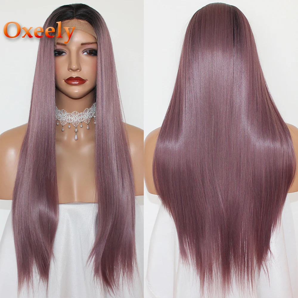 Oxeely парики на кружеве длинные прямые синтетические парики для черных женщин Омбре фиолетовый парик термостойкие натуральные шелковистые прямые парики
