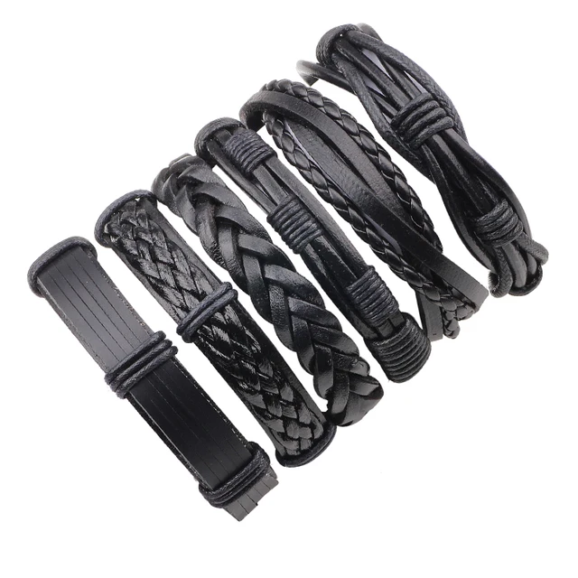 Lasperal 1set Black Solid Leather Bracelet For Women Men Punk Rock Lasperal 1set Black Solid Leather Bracelet For Women Men Punk Rock Jewelry Braided Rope Multilayer Wrap