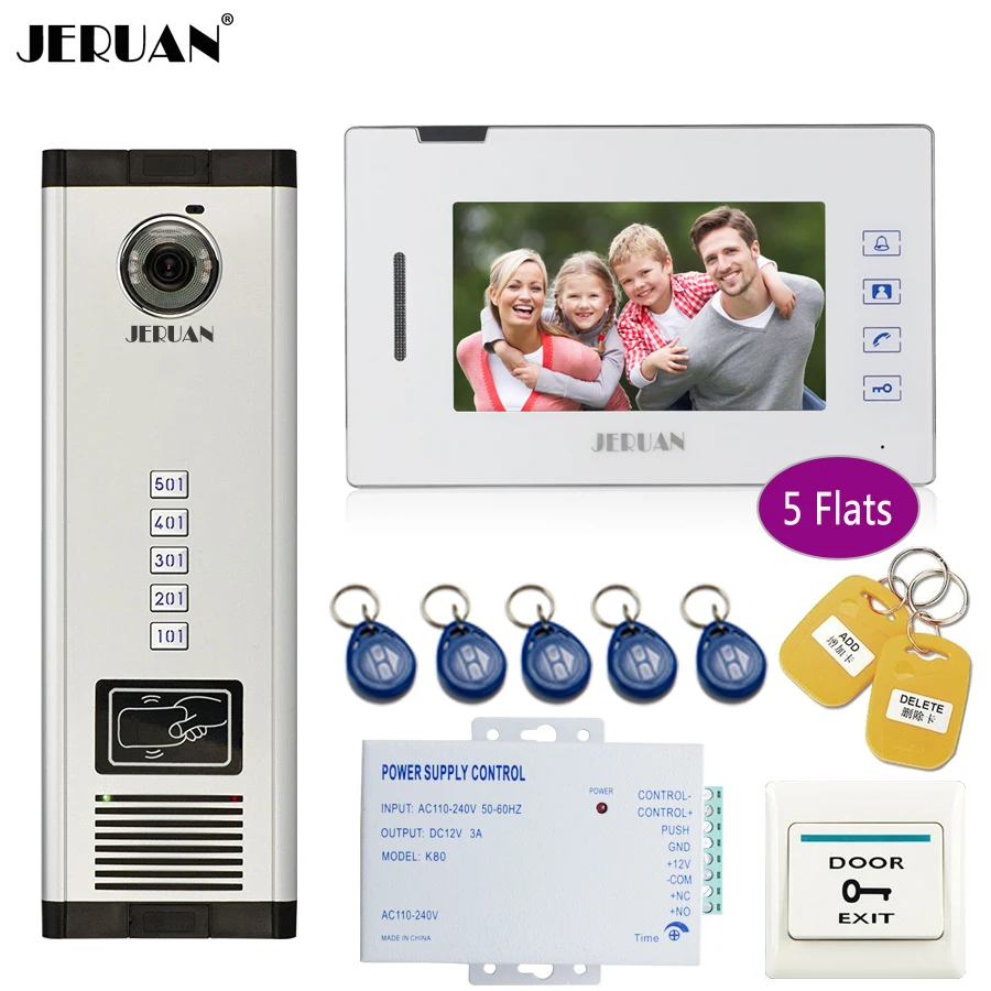 

JERUAN 7`` LCD touch Monitor 700TVL Camera Video Door Phone Intercom Access Home Gate Security Kit for 5 Families Apartments
