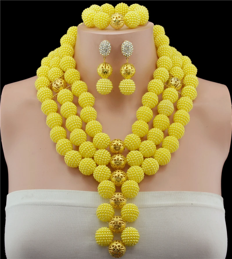 

New Arrival Nigerian Wedding African Beads Jewelry Set Yellow African Costume Jewelry Sets Handmade Balls Beads Necklace Sets
