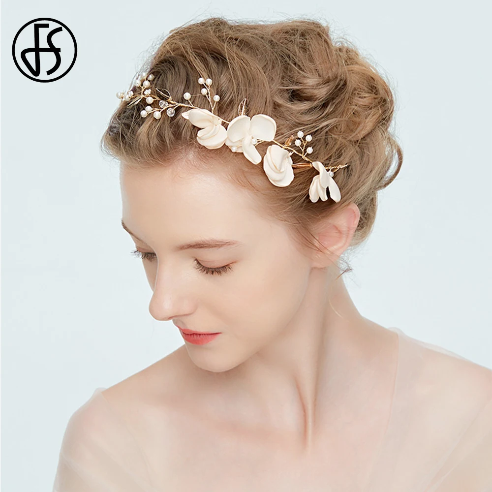 

FS Luxury Fascinator Wedding Bride Dress Pearl Hair Bands For Women Girl Headband Ladies Tea Party Gold Flower Hairdress 2019