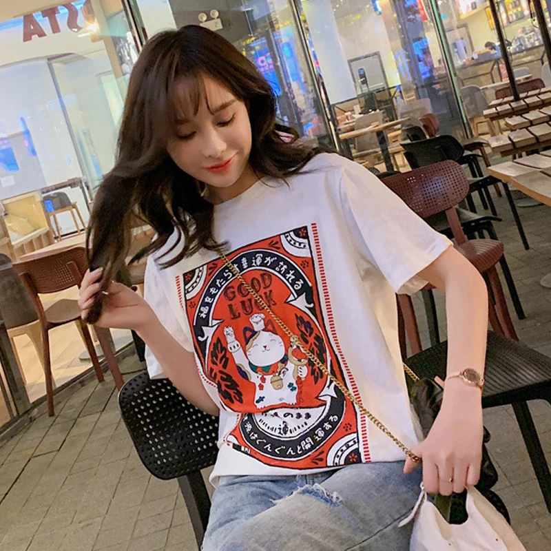 

2019 Japanese Fortune Cat Printed T Shirts Streetwear Women Harajuku Lucky Cat Casual Short Sleeve Tops Tees Female Tshirts