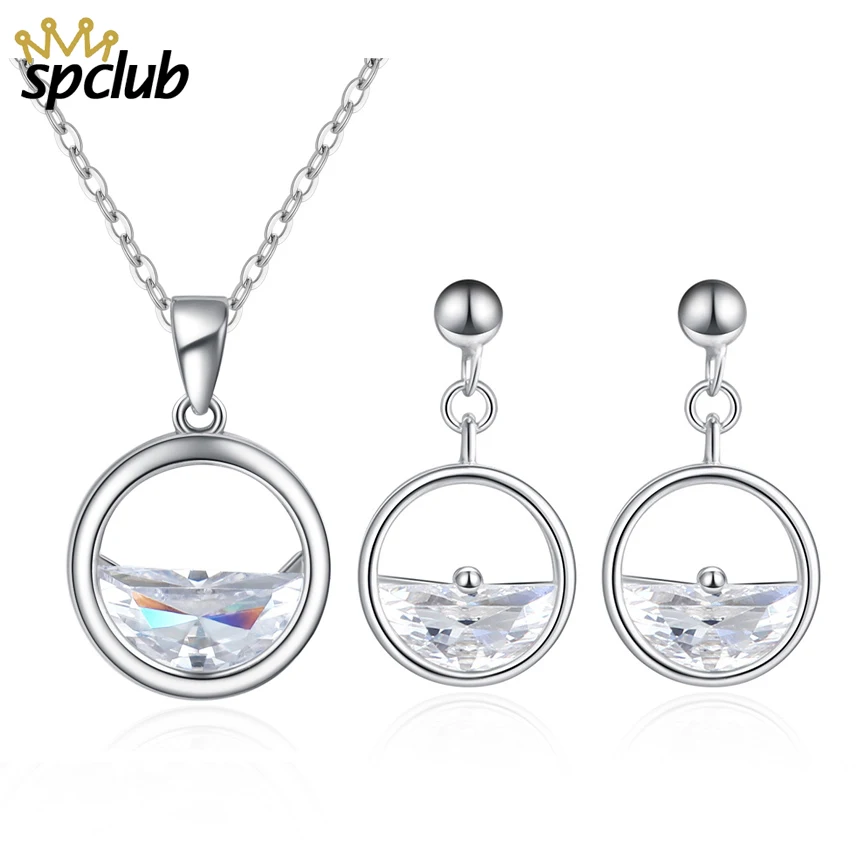 

Geometry Circle CZ Pendant Necklace Earring Sets 925 Sterling Silver Necklace Earrings Wholesale Wedding Costume Jewelry Set