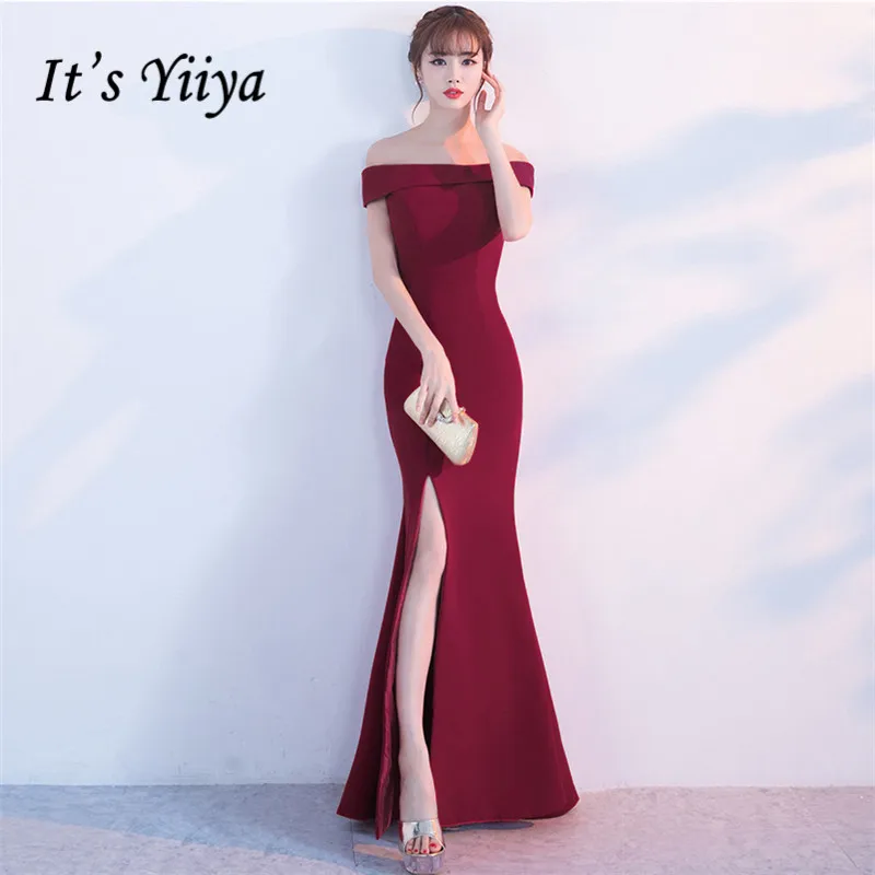 

It's Yiiya evening gowns Elegent Strapless Short sleeves Zipper Party dresses Floor-length Royal red Trumpet Prom dress C214