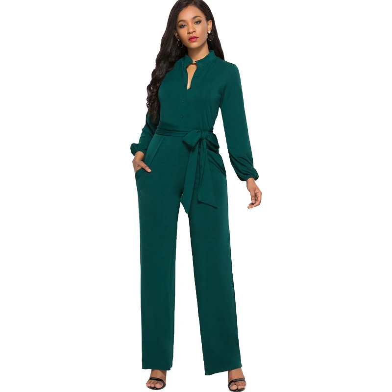

2019 Winter Jumpsuit Women Long Sleeve Spring Autumn Maxi Jumpsuits One Piece Casual Overalls Wide Leg Pants Elegant Rompers