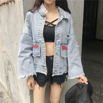 

2019 Spring Autumn Jeans Jacket Coat Woman New Heavy Stereo with letter Embroidered Hole Denim Jackets Student Basic CoatsC025