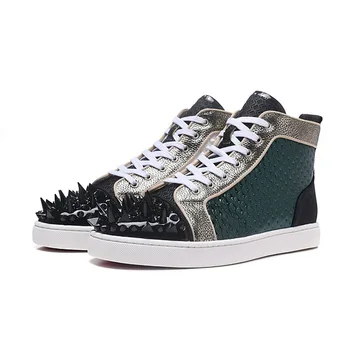 

Spikes Men Sneakers Luxury Design Real Leather Platform Shoes Mens Fashion High-top Flats Trainers Green Patchwork Casual Shoes