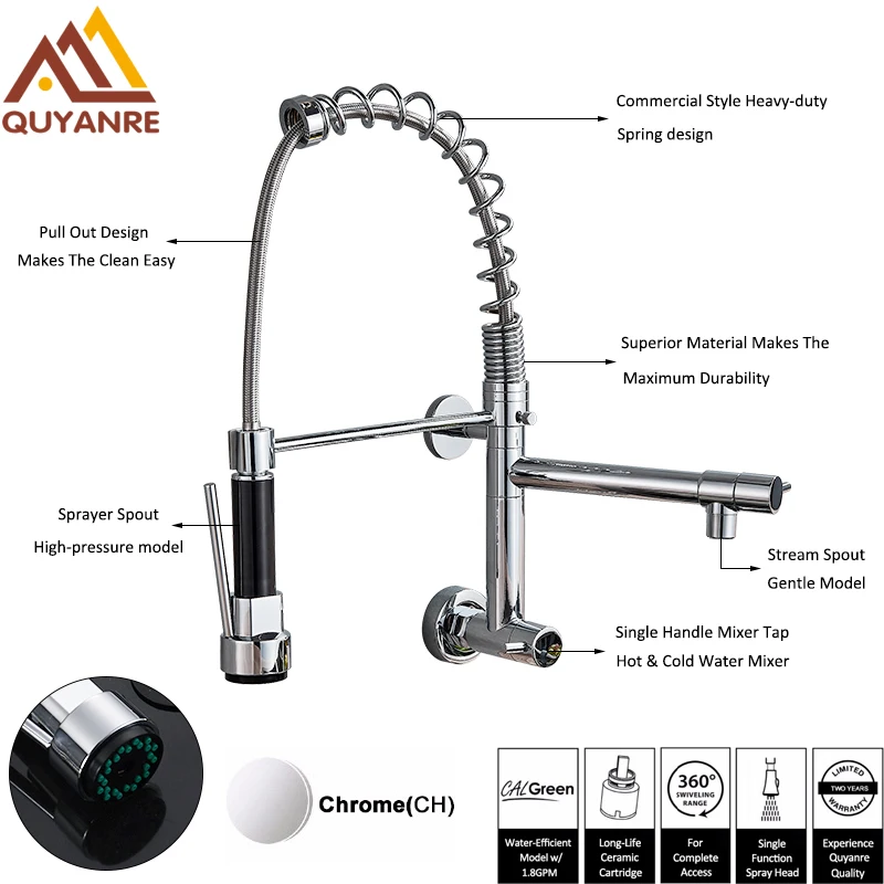  Wall Mounted Spring Kitchen Faucet Pull Down Sprayer Dual Spout Single Cold Water Mixer Sink Faucet - 32976582961