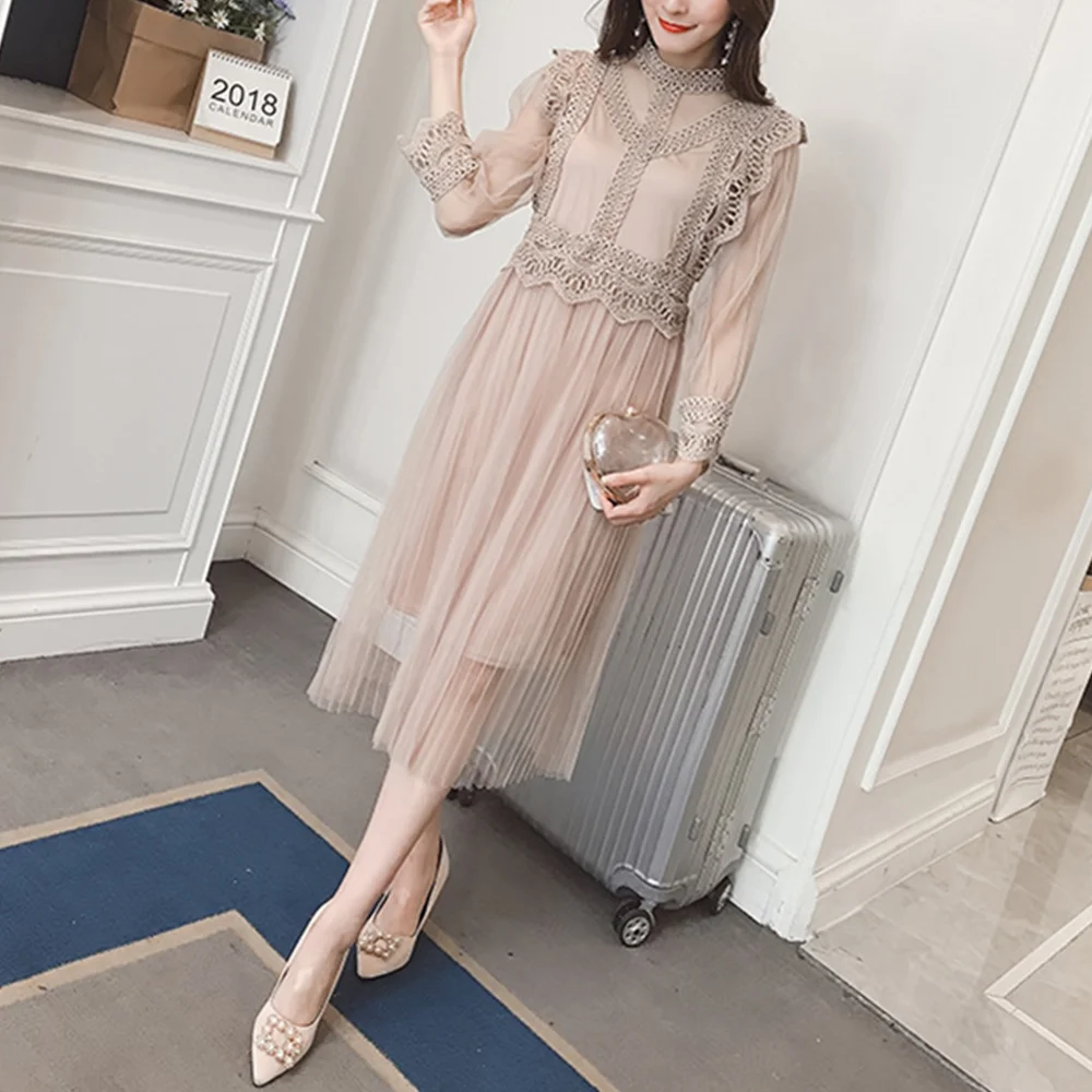 

Elegant Two Pieces Dress Women Embroidery Mesh Summer Spring Casual Party Dress Lace Vestidos Robe Femme High Waist Women Dress