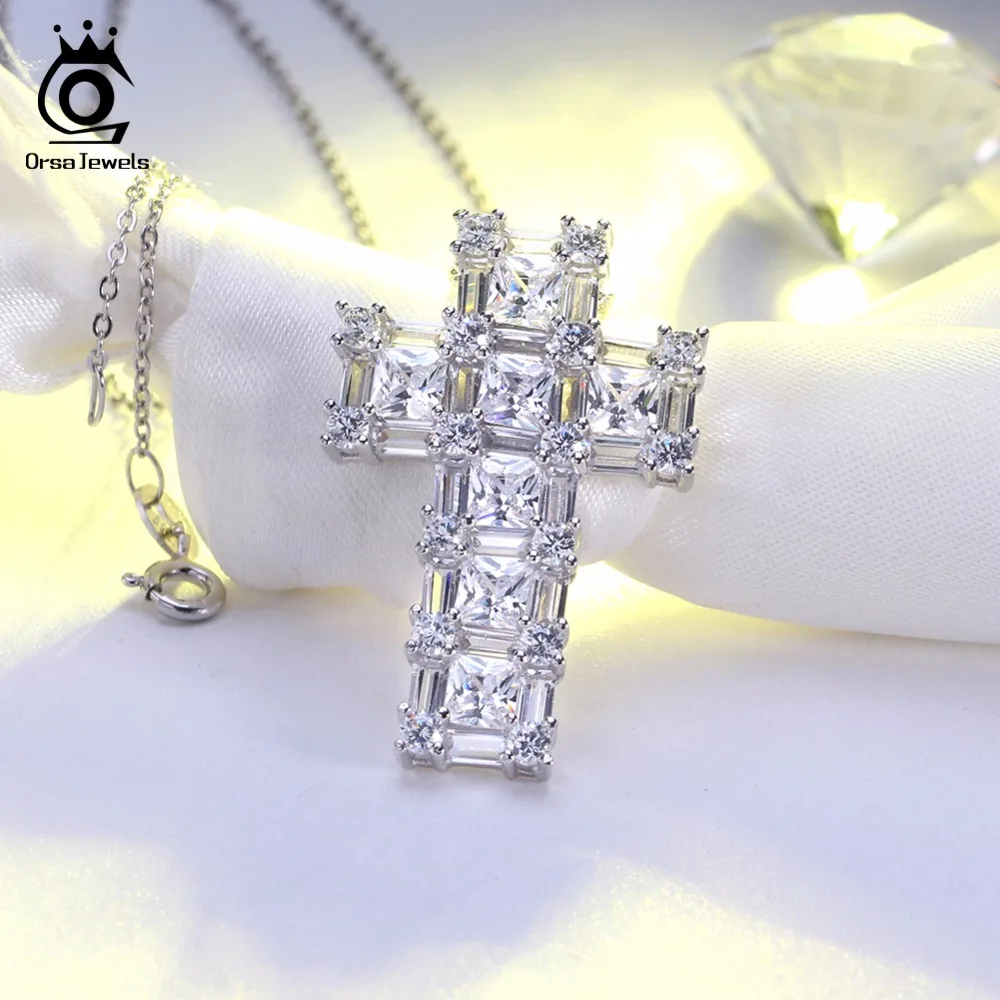 ORSA JEWELS Настоящее Стерлинговое серебро кулон и ожерелье для женщин AAA CZ зубец Установка крестообразной формы мужской тонкой 925 ювелирное изделие SN65