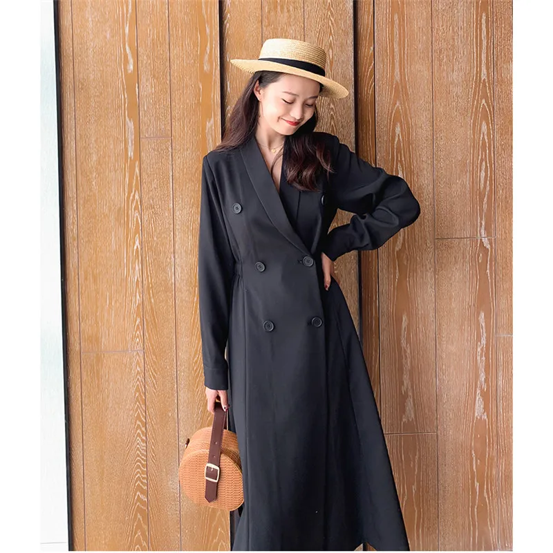 

2019 Korean Spring Autumn Retro Lapels Double-breasted Minimalist British wind Long Blazer Suit Women Trench Coats x853