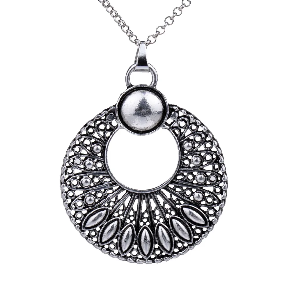 

MYTHIC AGE Vintage Antique Silver Color Big Hollow Out Round Pendant Costume Long Necklace Jewelry Bijouterie for Women Girls