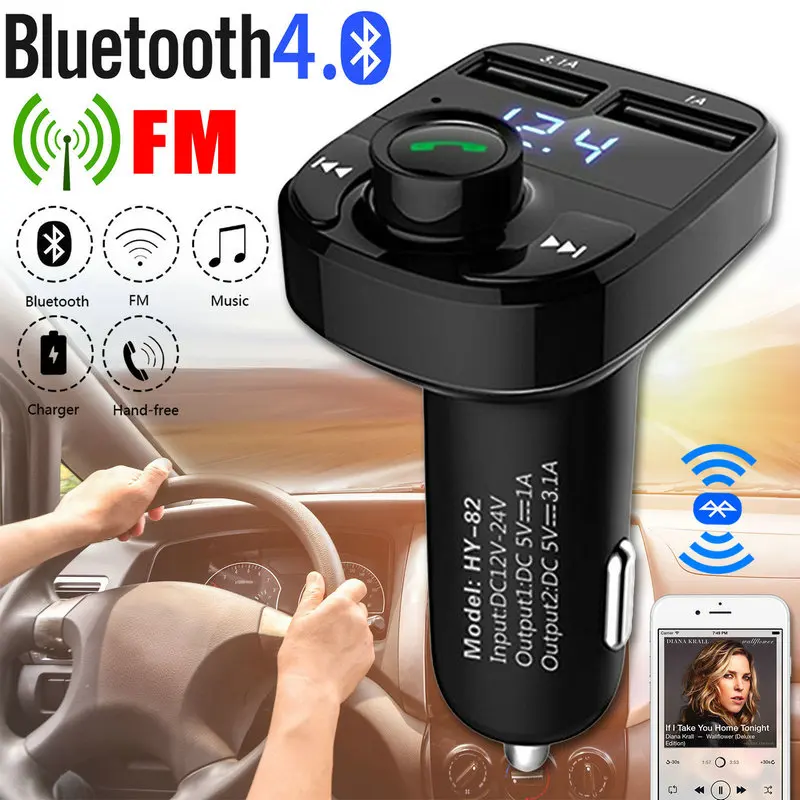 

Dual USB Car Charger Bluetooth Car Kit LCD Display Music Player FM Transmitter Radio Handsfree Calling Voice Prompt TF Card APP
