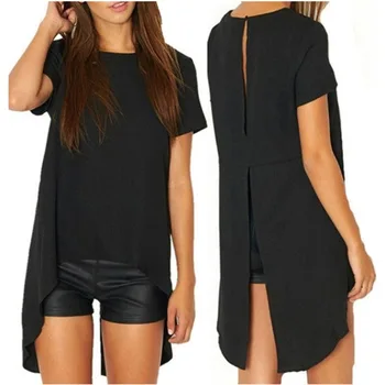 

2019 Summer Solid Color Women T-shirt Sexy High Slits Back Casual Women Tops Loose T-shirt Female Casual Black Tops Tee Shirts