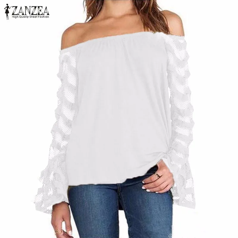 Blusas de moda 2018 Primavera Otoño Blusa de las mujeres fuera del hombro de malla de manga larga de encaje camisa Tops Size S-5XL Blusas