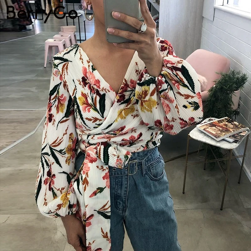 

BerryGo women blouse chiffon blouse tops print Long lantern sleeve lace up ladies blouse shirt Elegant Spring streetwear tops