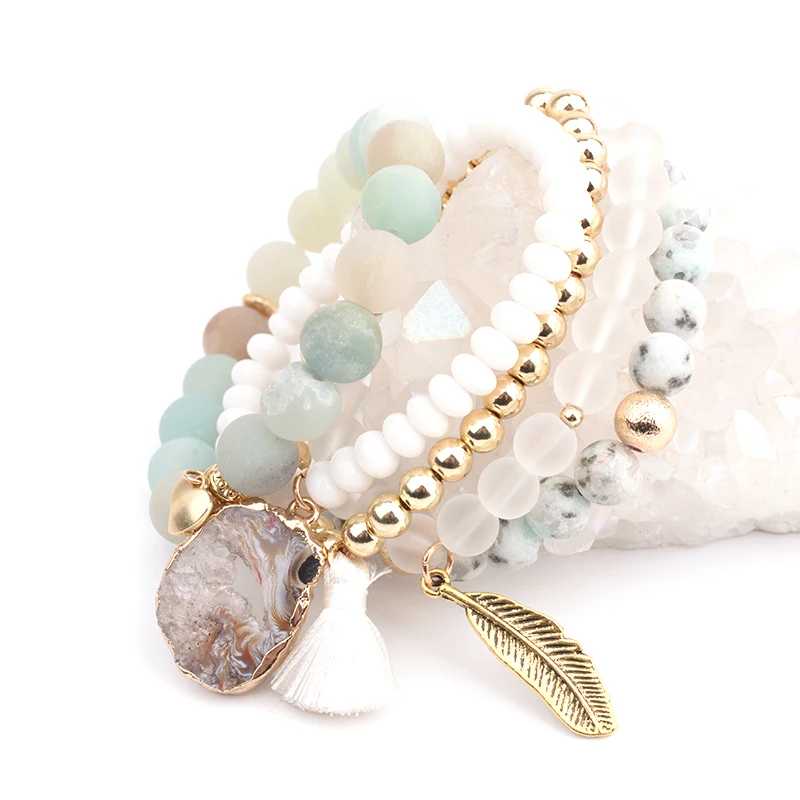 BOJIU Trendy Women Bracelet Set Natural Ag. Stone Druzy Stone Exquisite Leaf Pendant Bracelet Sets Festival Gifts BCSET20