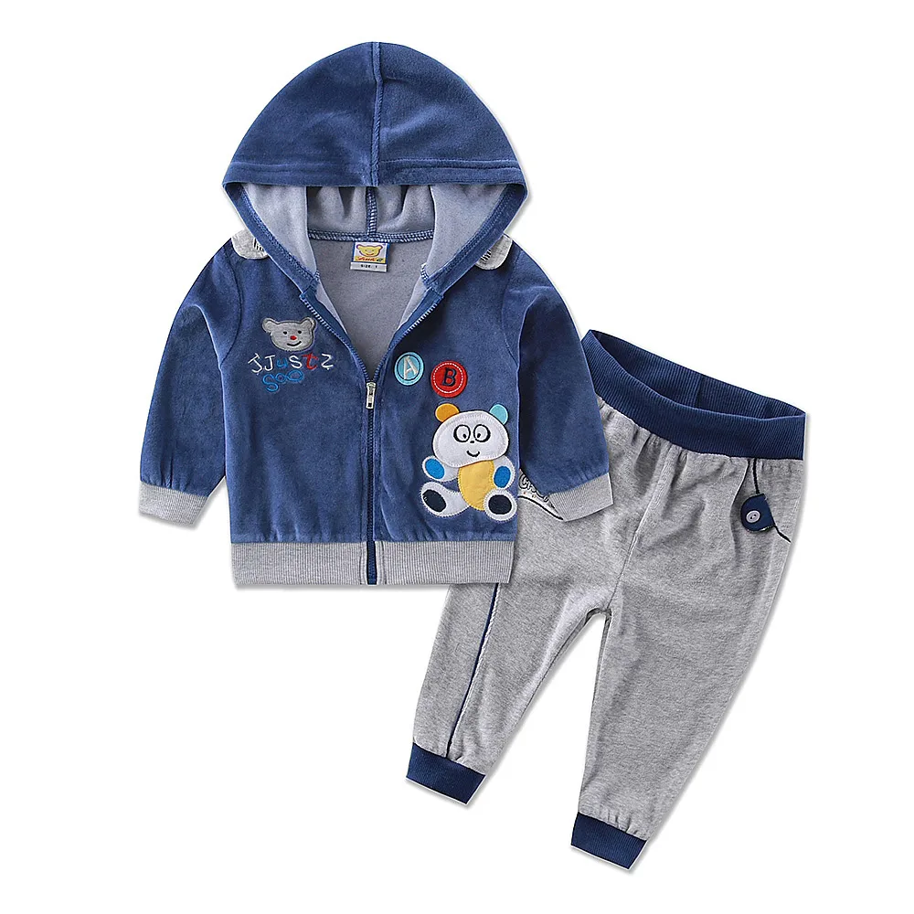 Новинка года; велюровый весенний комплект одежды для детей; повседневная одежда комплект из 2 предметов для маленьких девочек куртка+ брюки для мальчиков - Цвет: Синий