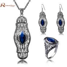 Турецкий Винтаж Ювелирные наборы Кулон& серьги кольцо синий кристалл горного хрусталя 925 серебро свадебный подарок для любви Bijoux uk