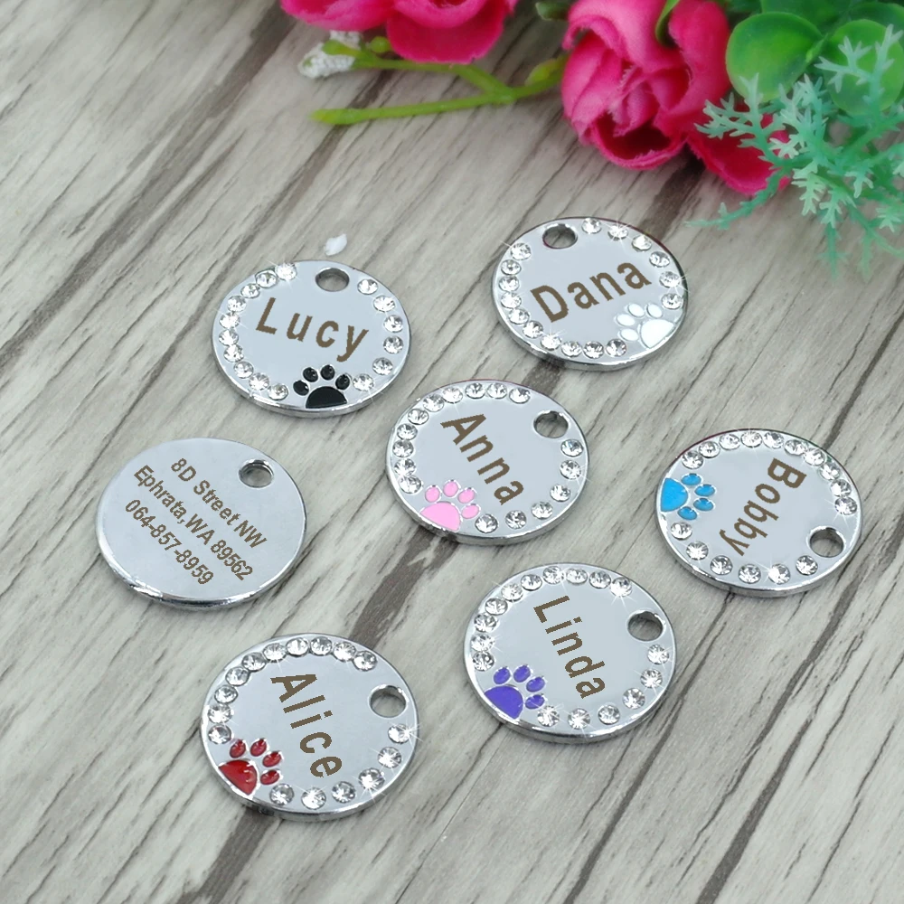 Dog Tag Personalized Pet Puppy Cat ID Tag Engraved Custom Dog Collar Accessories Stainless Steel Name Tag Paw For Dogs Cats Pink