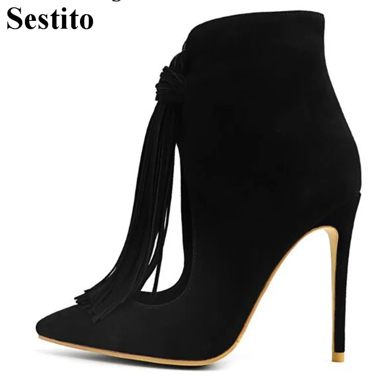 

Sexy Black Flock Hollow Fringe Woman Boots Ankle Boots For Women Pointed Toe Thin Heel Zip Women Shoes Short Boots Spring/Autumn