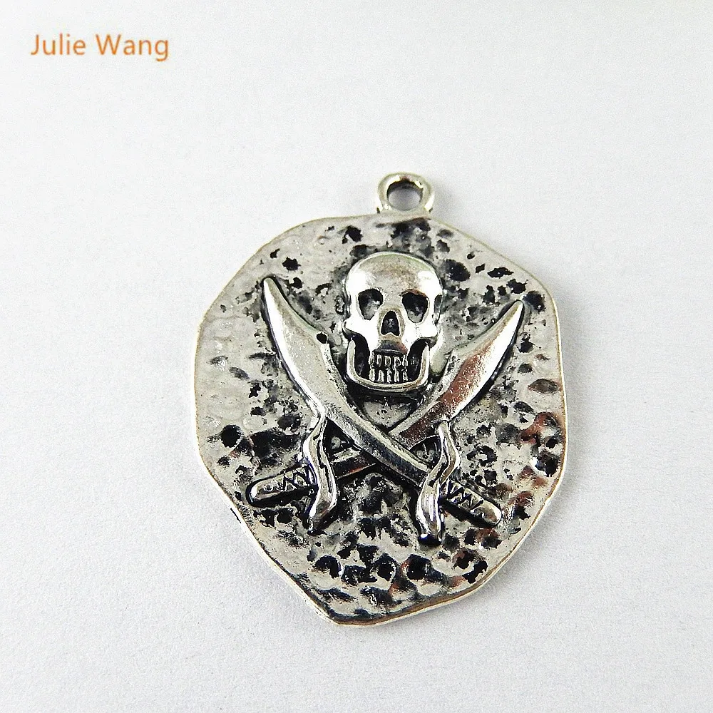 

Julie Wang 5pcs Retro Silver Skull Pirate Symbol Pendants Alloy Hanging Charms Handmade Fashion Jewelry Handcrafts Tops