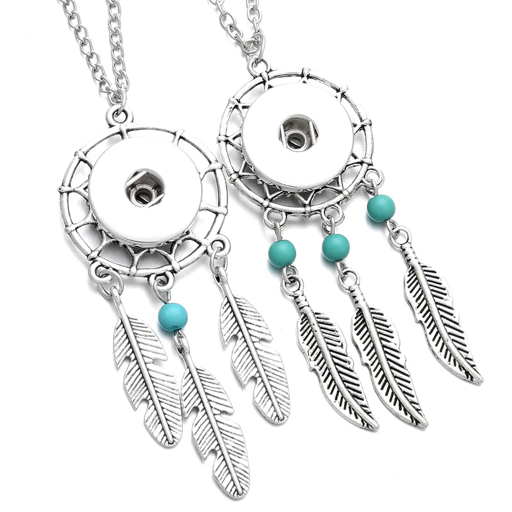 

Bohemian Ethnic Style Necklaces Feather Tassels Snap Button Necklace Fit 18mm Snap Buttons Snap Jewelry Dream Catcher ZG208