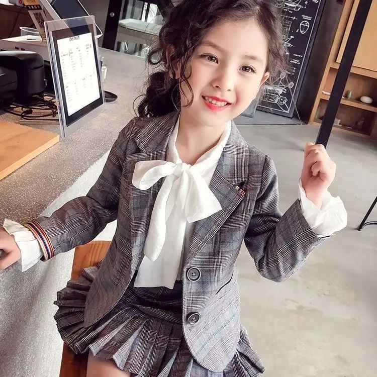 

INS HOT girls blazer suits 2-piece-sets for kids 4-13 years old high quality Spring and summer suit cotton blazer+skirt Uniforms