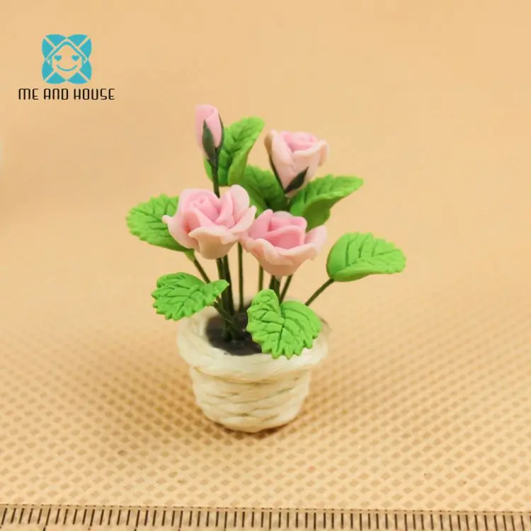 Кукольный домик милый цветочный горшок миниатюрный ручной работы китайская роза и зелень в вазе куклы аксессуары