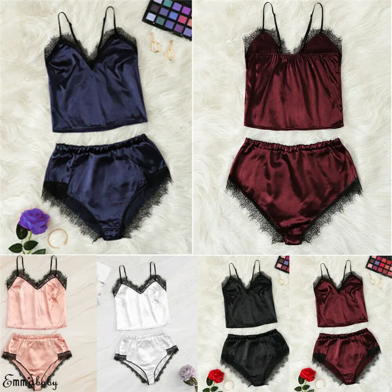 

2Pcs Women Sexy Sleveeless Cami+Shorts Summer Lingerie Sleepwear Lace Satin Babydoll Lace Pajamas Set