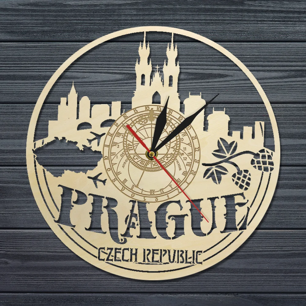 Прага Skyline Чешская Республика настенные часы городской печать деревянные часы путешественник Бизнес Юбилей подарки на день рождения