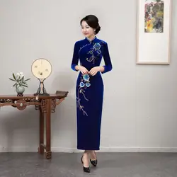 Плюс размеры китайский для женщин Свадебное платье Элегантный Платья с цветочным принтом традиционный Бархат Теплый Cheongsam классический
