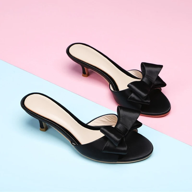 US4-9; Новинка; сандалии из натуральной кожи и шелка; женская летняя обувь на низком каблуке; открытые повседневные шлепанцы - Цвет: Black 7cm