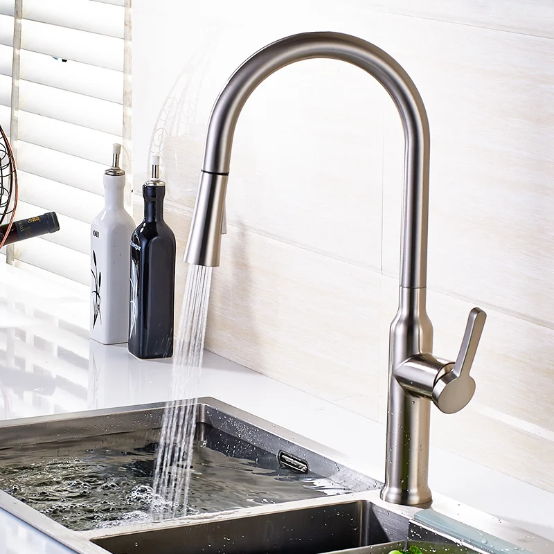 Fapully Pull Out Kitchen Faucet Polished Brushed Nickel Finish Swivel Sink Kitchen Deck Mounted Pull Down Spray Sink Taps Fapully Pull Out Kitchen Faucet Polished Brushed Nickel Finish Swivel Sink Kitchen Deck Mounted Pull Down Spray Sink Taps