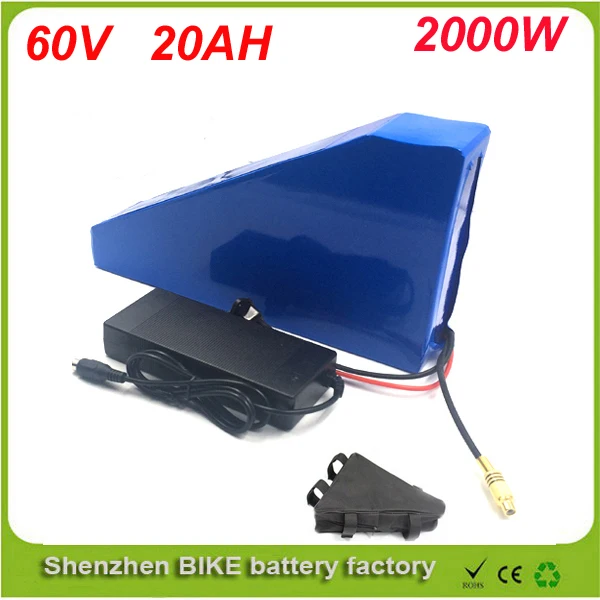 Triangle style 60V 20AH Lithium Battery ,with 2000W BMS Chargrer , RC E-bike Electric Bicycle Scooter 67.2V battery  ,free bag